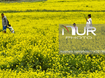 Tourists and children are enjoying rapeseed flowers at the Bindukou leisure tourist attraction in Minle county of Zhangye city, in Zhangye,...