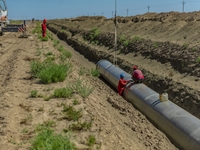 Workers are installing fiberglass tubes in a high-standard farmland in Karamay, China, on July 24, 2024. (