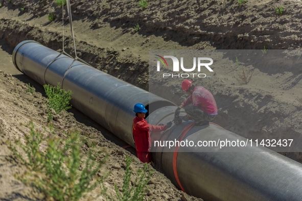 Workers are installing fiberglass tubes in a high-standard farmland in Karamay, China, on July 24, 2024. 