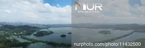 Winds and clouds are rising above the West Lake affected by Typhoon Kaemi in Hangzhou, China, on July 25, 2024. 