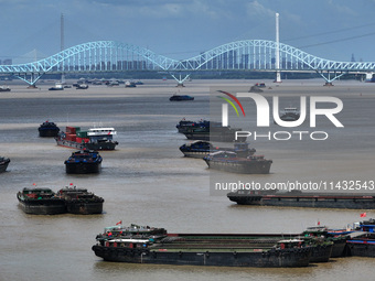 Cargo ships are anchoring in the waters of the Nanjing section of the Yangtze River in Nanjing, Jiangsu province, China, on July 25, 2024. O...