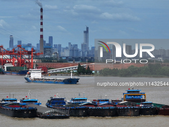 Cargo ships are anchoring in the waters of the Nanjing section of the Yangtze River in Nanjing, Jiangsu province, China, on July 25, 2024. O...