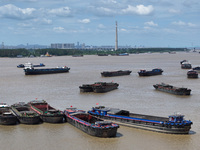 Cargo ships are anchoring in the waters of the Nanjing section of the Yangtze River in Nanjing, Jiangsu province, China, on July 25, 2024. O...