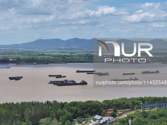 Cargo ships are anchoring in the waters of the Nanjing section of the Yangtze River in Nanjing, Jiangsu province, China, on July 25, 2024. O...