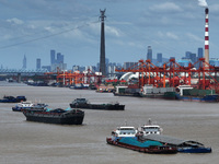 Cargo ships are anchoring in the waters of the Nanjing section of the Yangtze River in Nanjing, Jiangsu province, China, on July 25, 2024. O...