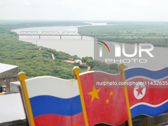 View of the Russia-North Korea railway bridge and the estuary of the Tumen River in Hunchun city, Yanbian prefecture, Jilin province, in Yan...