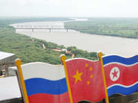 View of the Russia-North Korea railway bridge and the estuary of the Tumen River in Hunchun city, Yanbian prefecture, Jilin province, in Yan...