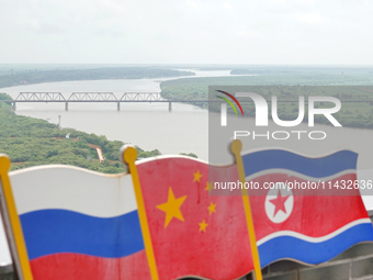 View of the Russia-North Korea railway bridge and the estuary of the Tumen River in Hunchun city, Yanbian prefecture, Jilin province, in Yan...