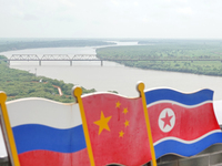 View of the Russia-North Korea railway bridge and the estuary of the Tumen River in Hunchun city, Yanbian prefecture, Jilin province, in Yan...