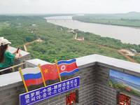 View of the Russia-North Korea railway bridge and the estuary of the Tumen River in Hunchun city, Yanbian prefecture, Jilin province, in Yan...