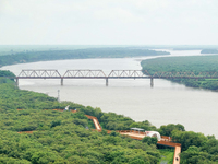 View of the Russia-North Korea railway bridge and the estuary of the Tumen River in Hunchun city, Yanbian prefecture, Jilin province, in Yan...