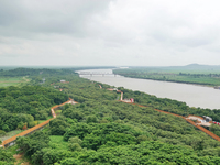 View of the Russia-North Korea railway bridge and the estuary of the Tumen River in Hunchun city, Yanbian prefecture, Jilin province, in Yan...