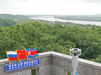 View of the Russia-North Korea railway bridge and the estuary of the Tumen River in Hunchun city, Yanbian prefecture, Jilin province, in Yan...