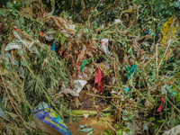 Plastic wastes are being left beside the river in Marikina City, Philippines, on July 25, 2024, after the massive flood in Metro Manila due...