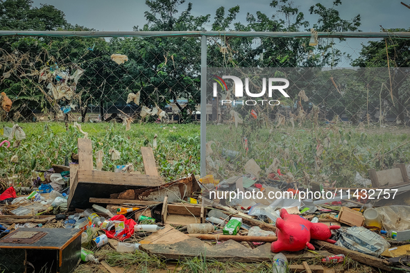 Plastic wastes are being left beside the river in Marikina City, Philippines, on July 25, 2024, after the massive flood in Metro Manila due...