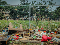 Plastic wastes are being left beside the river in Marikina City, Philippines, on July 25, 2024, after the massive flood in Metro Manila due...