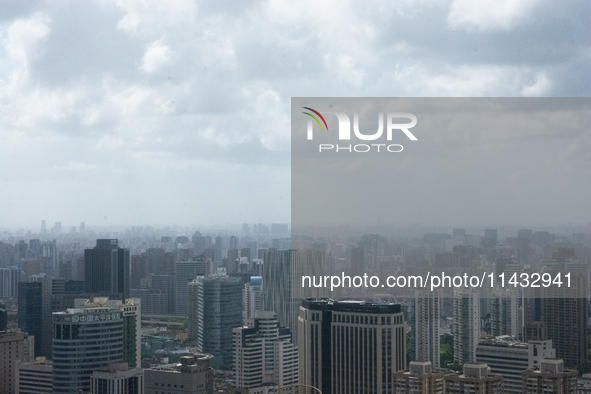 Dark clouds are forming above the sky in Shanghai, China, on July 25, 2024, as Typhoon Gaemi is heading toward China 