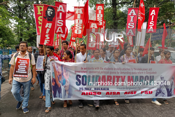 Various left front student organizations are seen during a solidarity march for Bangladesh students in Kolkata, India, on July 25, 2024, dem...