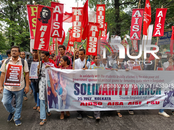 Various left front student organizations are seen during a solidarity march for Bangladesh students in Kolkata, India, on July 25, 2024, dem...