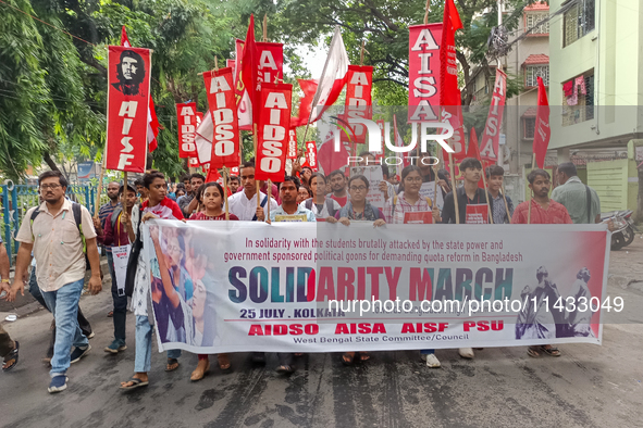 Various left front student organizations are seen during a solidarity march for Bangladesh students in Kolkata, India, on July 25, 2024, dem...