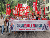 Various left front student organizations are seen during a solidarity march for Bangladesh students in Kolkata, India, on July 25, 2024, dem...