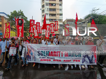 Various left front student organizations are seen during a solidarity march for Bangladesh students in Kolkata, India, on July 25, 2024, dem...