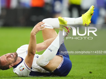 Harry Kane centre-forward of England and Bayern Munich lies injured on the pitch during the UEFA EURO 2024 semi-final match between Netherla...