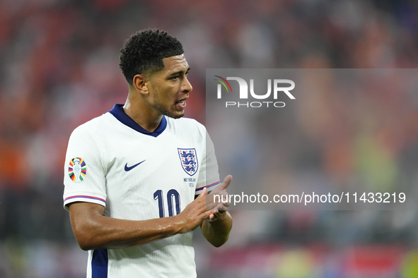 Jude Bellingham attacking midfield of England and Real Madrid during the UEFA EURO 2024 semi-final match between Netherlands and England at...