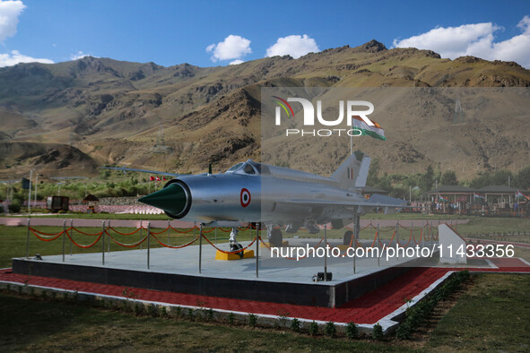 A view of the MiG-21FL Aircraft, which is being displayed at the war memorial during the ''Vijay Diwas'' or victory day celebration in Drass...