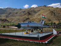 A view of the MiG-21FL Aircraft, which is being displayed at the war memorial during the ''Vijay Diwas'' or victory day celebration in Drass...