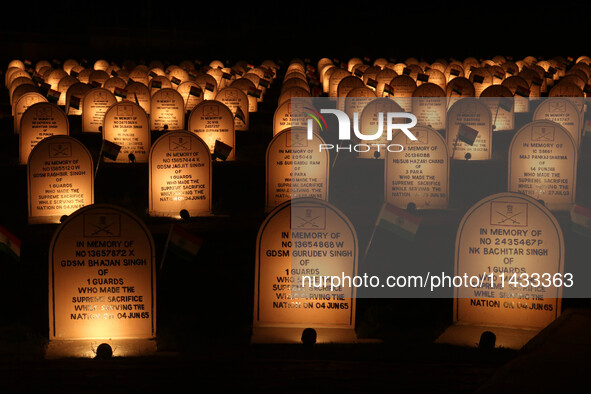 A view is showing the illuminated war memorial during the ''Vijay Diwas'' or Victory Day celebration in Drass, about 160 km (99 miles) east...