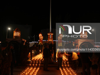 A view is showing the illuminated war memorial during the ''Vijay Diwas'' or Victory Day celebration in Drass, about 160 km (99 miles) east...