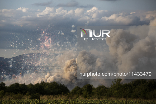 An explosion and fire are occurring in firework warehouses near the village of Elin Pelin Station, 30 kilometers from Sofia, Bulgaria, on Ju...