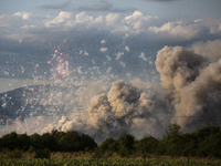 An explosion and fire are occurring in firework warehouses near the village of Elin Pelin Station, 30 kilometers from Sofia, Bulgaria, on Ju...