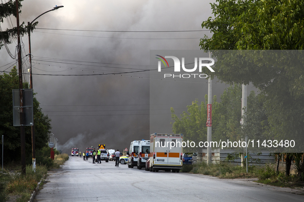 An explosion and fire are occurring in firework warehouses near the village of Elin Pelin Station, 30 kilometers from Sofia, Bulgaria, on Ju...