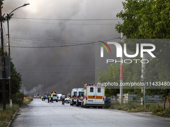 An explosion and fire are occurring in firework warehouses near the village of Elin Pelin Station, 30 kilometers from Sofia, Bulgaria, on Ju...