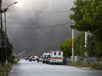 An explosion and fire are occurring in firework warehouses near the village of Elin Pelin Station, 30 kilometers from Sofia, Bulgaria, on Ju...