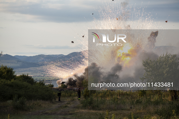 An explosion and fire are occurring in firework warehouses near the village of Elin Pelin Station, 30 kilometers from Sofia, Bulgaria, on Ju...