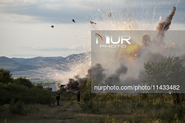 An explosion and fire are occurring in firework warehouses near the village of Elin Pelin Station, 30 kilometers from Sofia, Bulgaria, on Ju...