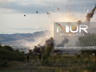 An explosion and fire are occurring in firework warehouses near the village of Elin Pelin Station, 30 kilometers from Sofia, Bulgaria, on Ju...