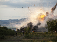 An explosion and fire are occurring in firework warehouses near the village of Elin Pelin Station, 30 kilometers from Sofia, Bulgaria, on Ju...