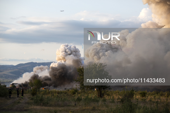 An explosion and fire are occurring in firework warehouses near the village of Elin Pelin Station, 30 kilometers from Sofia, Bulgaria, on Ju...