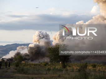 An explosion and fire are occurring in firework warehouses near the village of Elin Pelin Station, 30 kilometers from Sofia, Bulgaria, on Ju...