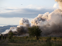 An explosion and fire are occurring in firework warehouses near the village of Elin Pelin Station, 30 kilometers from Sofia, Bulgaria, on Ju...