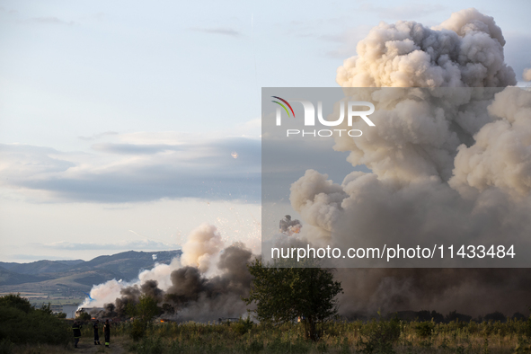 An explosion and fire are occurring in firework warehouses near the village of Elin Pelin Station, 30 kilometers from Sofia, Bulgaria, on Ju...