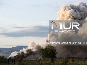 An explosion and fire are occurring in firework warehouses near the village of Elin Pelin Station, 30 kilometers from Sofia, Bulgaria, on Ju...