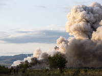 An explosion and fire are occurring in firework warehouses near the village of Elin Pelin Station, 30 kilometers from Sofia, Bulgaria, on Ju...