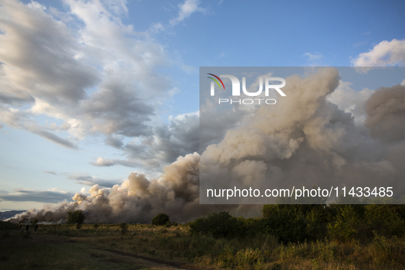 An explosion and fire are occurring in firework warehouses near the village of Elin Pelin Station, 30 kilometers from Sofia, Bulgaria, on Ju...