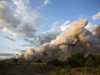 An explosion and fire are occurring in firework warehouses near the village of Elin Pelin Station, 30 kilometers from Sofia, Bulgaria, on Ju...