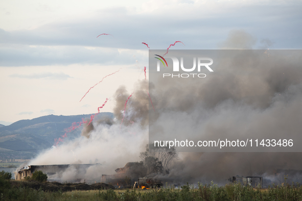 An explosion and fire are occurring in firework warehouses near the village of Elin Pelin Station, 30 kilometers from Sofia, Bulgaria, on Ju...